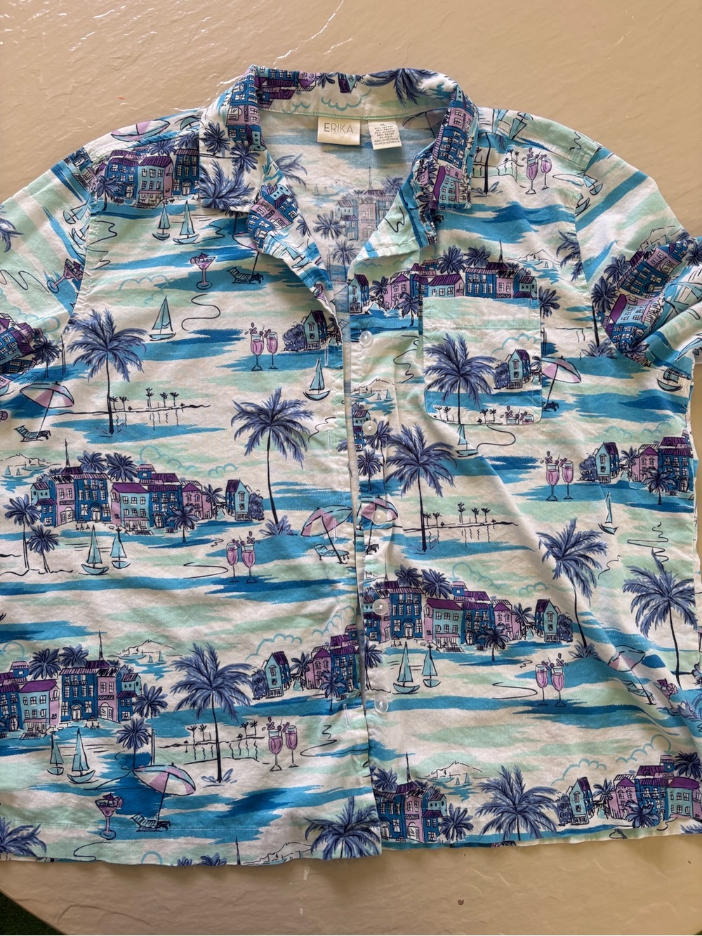 Erika women’s Tropical Beach Print Short-Sleeve Shirt - Blue/Teal